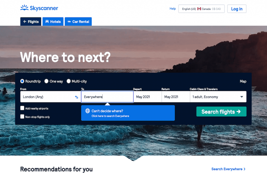 Screenshot of Skyscanner home page everywhere search