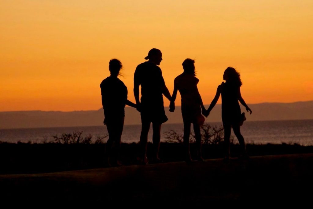 Family holding hands at sunset