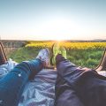 View of two people's legs in a vehicle with flowers in the background