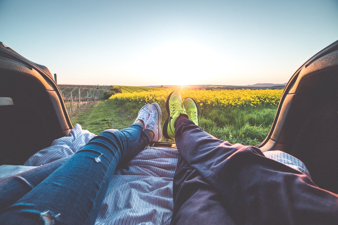 View of two people's legs in a vehicle with flowers in the background