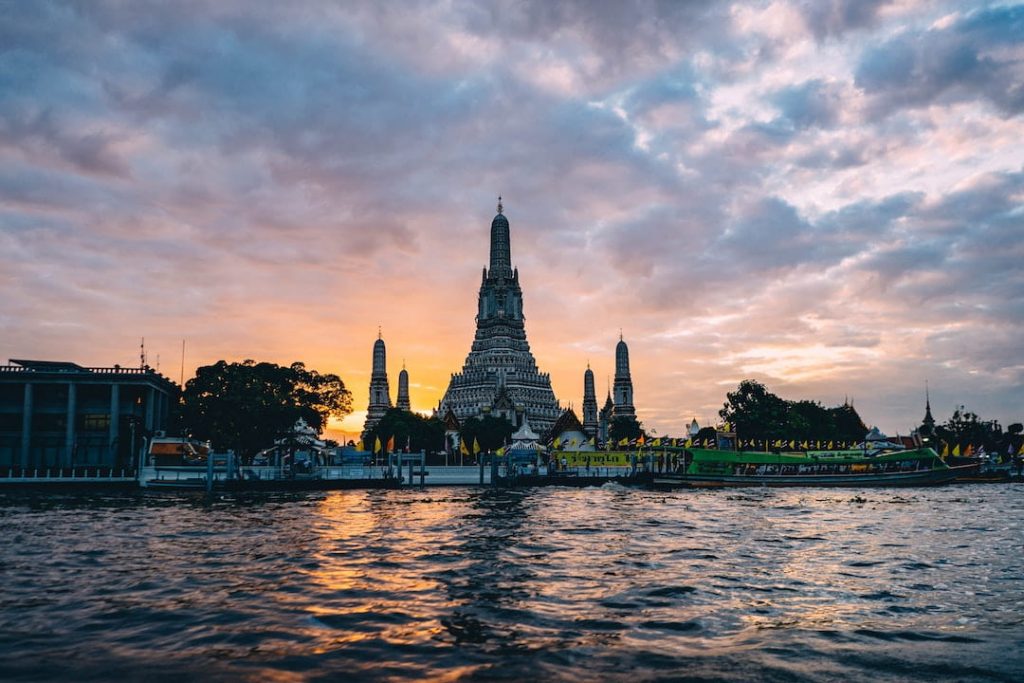 Temple along river in Bangkok, Thailand