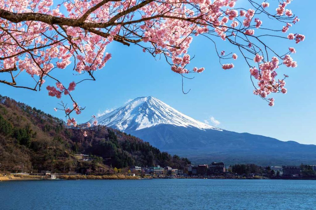 View of the holy Mount Fuji over Lake Kawaguchiko